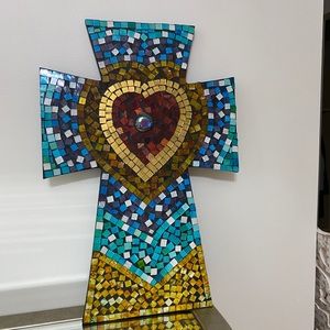 Stained glass cross with heart - Art with hanging fixture on back